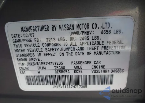 2007 Infiniti G35 Base z USA, uszkodzony, nr VIN JNKBV61E67M717205